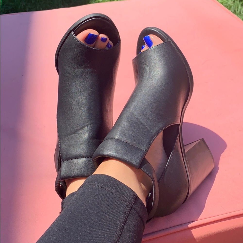 Faux Leather Ankle Boots Chunky Heel Peeptoe